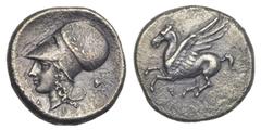GREEK COINS GRIECHENLAND, KORINTH / Stadt Korinth, AR Stater (338-300 v.Chr.). Pegasos l., Koppa. Rs.Athenakopf mit korinth. Helm l.,A-P, Beiz. Aegis mit Gorgonenhaupt. 8,12g. Sear 2629 Var.; BMC 12.2