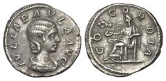 ROMAN COINS RÖMISCHES REICH, Julia Paula, Gemahlin des Elagabal, 219-220, AR Denar, Rom. Drap. Büste r., IVLIA PAVLA AVG. Rs.Sitz. Concordia mit Patera n.l., i.F. links Stern, CONCORDIA. 1,44g. RIC 21
