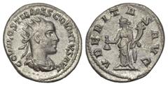 ROMAN COINS RÖMISCHES REICH, Hostilian, 251, AR Antoninian (251), Antiochia. Gep. und drap. Büste mit Strahlenkrone r., C OVAL OSTIL MES COVINTVS AVG. Rs.Uberitas n.l. stehend, VBERITAS AVG. 3,66g. RI