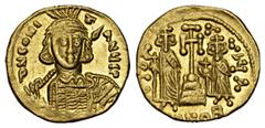 BYZANTINE COINS BYZANTINISCHES REICH, Constantin IV., 668-685, AV Solidus, CONOB = Konstantinopel. Büste mit Speer und Schild. Rs.Stufenkreuz, l. Heraclius, r. Tiberius. 4,31g. Sommer 13.5 GOLD, f.vz