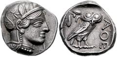 GREEK COINS GRIECHENLAND, ATTIKA / Stadt Athen, AR Tetradrachme (430-322 v.Chr.). Kopf der Athena r. Rs.Eule mit Olivenzweig und Mondsichel r. stehend, im quadratum incusum. 17,21g. BMC 11.14.144 f.vz