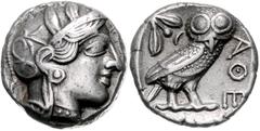 GREEK COINS GRIECHENLAND, ATTIKA / Stadt Athen, AR Tetradrachme (430-322 v.Chr.). Kopf der Athena r. Rs.Eule mit Olivenzweig und Mondsichel r. stehend, im quadratum incusum. 17,11g. Ex Gorny & Mosch 2