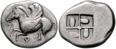 GREEK COINS GRIECHENLAND, KORINTH / Stadt Korinth, AR Stater (525-500 v.Chr.). Pegasos l., darunter Koppa. Rs.Viergeteiltes quadratum incusum, darin zungenförmige Erhebungen. 8,18g. Sear 1860; BMC 12.