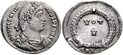 ROMAN COINS RÖMISCHES REICH, Valentinian I., 364-378, AR Siliqua (364-367), Konstantinopel. Büste mit Rosettendiadem r. Rs.VOT/V im Kranz. 2,96g. RIC 11g selten, Rs.Kr., ss-vz