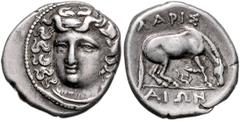 GREEK COINS GRIECHENLAND, THESSALIEN / Stadt Larissa, AR Drachme (350-325 v.Chr.). Kopf der Nymphe Larissa halblinks. Rs.Pferd grast rechts, darunter Blume. 6,04g. In der griech. Mythologie ist die Ny