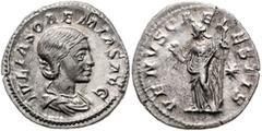 ROMAN COINS RÖMISCHES REICH, Julia Soaemias, Mutter des Elagabal, +222, AR Denar, Rom. Drap. Büste r. Rs.Venus mit Apfel und Zepter, Stern l. i.F. 2,96g. Seaby 8a; RIC 241 ss+