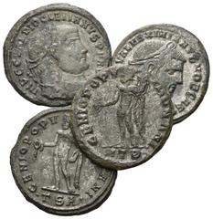 ROMAN COINS RÖMISCHES REICH, Diocletian, 284-305, AE Follis, D .TS. Belorb. Büste r. Rs.Genius. DAZU: Maximian. AE Follis, HTB. Rs.Genius; Galerius als Caesar. AE Follis, HTC. Rs.Genius; gleiche .TSA.