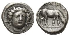 GREEK COINS GRIECHENLAND, THESSALIEN / Stadt Larissa, AR Drachme (350-325 v.Chr.). Kopf der Nymphe Larissa halbrechts. Rs.Pferd grast r., oben LAPI. 5,92g Sear 2123; BMC 7.31.74