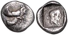 GREEK COINS KLEINASIEN, LYKIEN. Dynasten (460-440 v.Chr.), AR Obol (Uvug, 470-440 v.Chr.). Geflügelte androkephale Stierprotome r. Rs.Kopf r. im vertieften Perlviereck. 0,60g. BMC 19.16.73ff