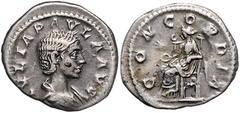 ROMAN COINS RÖMISCHES REICH, Julia Paula, Gemahlin des Elagabal, 219-220, AR Denar, Rom. Drap. Büste r. Rs.Sitz. Concordia mit Patera, i.F.Stern. 2,48g. RIC 211; Kampm.57.3 kl.Fleck, ss+