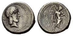 ROMAN COINS *RÖMISCHE REPUBLIK, L. Calpurnius Piso Frugi, 90 v.Chr., AR Quinar. Belorb. Apollokopf r., dahinter Kontrollmarke. Rs.Victoria mit Kranz und Palmzweig r. 2,08g. Alb.1175, Craw.340/2e