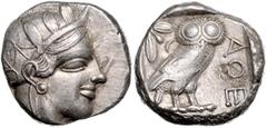 GREEK COINS GRIECHENLAND, ATTIKA / Stadt Athen, AR Tetradrachme (455-449 v.Chr.). Kopf Athena r., geschmückt mit Olivenblättern und floralen Elementen. Rs.Eule l., i.F.l. Olivenzweig und Sichel, r. AO