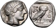 GREEK COINS GRIECHENLAND, ATTIKA / Stadt Athen, AR Tetradrachme (um 430 v.Chr.). Kopf der Athena. Rs.Eule mit Olivenzweig und Mondsichel im quadratum incusum. 17,24g. Sear 2526; BMC 11.8.62 prägefr. P