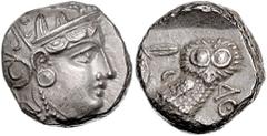 GREEK COINS GRIECHENLAND, ATTIKA / Stadt Athen, AR Tetradrachme (393-300 v.Chr.). Kopf der Athena. Rs.Eule mit Olivenzweig und Mondsichel im quadratum incusum. 16,97g. Sear 2537; BMC 11.13.132ff.; SNG