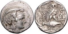 GREEK COINS GRIECHENLAND, ATTIKA / Stadt Athen, AR Tetradrachme (186-86 v.Chr.), Mag. Dionysi-Dionysi. Kopf der Athena r. Rs. Eule auf Amphora, i.F.r. Helios auf Quadriga, A-THE, DION-YSI DION YSI AIS