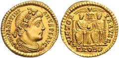 ROMAN COINS RÖMISCHES REICH, Valentinian I., 364-378, AV Solidus (367-375), TRSOBS =Trier. Gepanz. Büste mit Rosettendiadem r. Rs.Zwei Kaiser nebeneinander auf Thron halten gemeinsam Globus, im Hinter