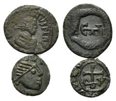 BYZANTINE COINS BYZANTINISCHES REICH, Constans II., 641-668, AE Nummus. Diad. Büste r. Rs.Monogramm 35. DAZU:Constantin IV., 668-685. AE Nummus. Diad. Büste r. Rs.Kreuz zw. D-V (Papst Vitalianus, 657-