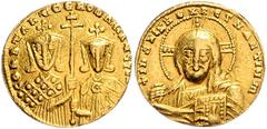 BYZANTINE COINS BYZANTINISCHES REICH, Constantin VII. und Romanos I., 920-944, AV Solidus, Konstantinopel. Büste Christi v.vorn. Rs.Büsten Constantins und Romanos mit Kreuz. 4,36g. DOC 15; Sommer 36.9
