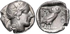 GREEK COINS GRIECHENLAND, ATTIKA / Stadt Athen, AR Tetradrachme (5.Jh.v.Chr.). Kopf der Athena r. Rs.Eule mit Olivenzweig und Mondsichel im quadratum incusum. 17,22g. Sear 2521 Sr., gutes vz mit schön