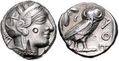 GREEK COINS GRIECHENLAND, ATTIKA / Stadt Athen, AR Tetradrachme (449-413 v.Chr.). Kopf der Athena r. (Punze, kl.Prüfhieb). Rs.Eule mit Olivenzweig und Mondsichel im quadratum incusum, ATHE. 17,16g. Se