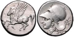 GREEK COINS GRIECHENLAND, KORINTH / Stadt Korinth, AR Stater (ca.338 v.Chr.). Pegasos l. Rs.Athenakopf mit korinth. Helm l., Beiz. 8-strahliger Stern. 8,3g. BMC 12.40.352; SNG Cop.113 Rs.l.Doppelschla