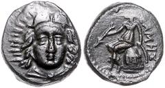 GREEK COINS KLEINASIEN, LYKIEN / Stadt Telmessos, AE 15 (unter Antiochos III.). Helios v.vorn. Rs.Apollo auf Omphalos l., [T]ELMHS. 3,71g. Sear 5355; BMC 19.86.1 f.vz