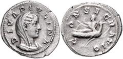 ROMAN COINS RÖMISCHES REICH, Paulina, Gemahlin des Maximinus I., 235-236, AR Denar, Rom. Büste mit Schleier r., DIVA PAVLINA. Rs.Paulina mit Zepter auf Pfau r. fliegend, CONSECRATIO. 2,95g. RIC 2; Kam