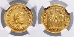 ROMAN COINS RÖMISCHES REICH, Valentinian II., 375-392, AV Solidus (375-378), TROBC =Treveri. Drap. und gep. Büste mit Perldiadem r., DN VALENTINIANVS IVN PF AVG. Rs.2 Kaiser v.vorn thronend, oben Vict