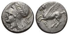 GREEK COINS GRIECHENLAND, KORINTH / Stadt Korinth, AR Stater (375-300 v.Chr.). Pegasos fliegt l. Rs.Belorb. und behelm. Athenakopf l. mit Pflug und AP. 8,42g. Ex.Rauch 31(1983), Nr.266. Ravol 1022; Ca