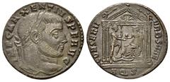 ROMAN COINS RÖMISCHES REICH, Maxentius, 306-312, AE Follis, AQS =Aquileia. Belorb. Büste r. Rs.Kaiser und Roma im sechssäuligen Tempel. 6,22g. RIC 113 ss-vz