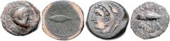 GREEK COINS SPANIEN, ULTERIOR / Stadt Cunbaria, AE Semis (ca.100 v.Chr.). Männlicher Kopf r., dahinter S. Rs.Thunfisch l. 5,89g. DAZU:Stadt Gades. AE Semis (100-20 v.Chr.). Kopf des Herakles l. Rs.Thu