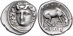 GREEK COINS GRIECHENLAND, THESSALIEN / Stadt Larissa, AR Drachme (350-325 v.Chr.). Kopf der Nymphe Larissa halb l. Rs.Pferd r. grasend, darunter Blume. 6,04g. In der griech. Mythologie ist die Nymphe 