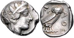 GREEK COINS GRIECHENLAND, ATTIKA / Stadt Athen, AR Tetradrachme (449-413 v.Chr.). Kopf Athenas r. Rs.Eule mit Olivenzweig und Mondsichel im quadratum incusum. 17,16g. Nach dem Frieden mit Persien 449 