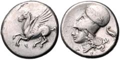 GREEK COINS GRIECHENLAND, KORINTH / Stadt Korinth, AR Stater (338-300 v.Chr.). Pegasos l. Rs.Athenakopf mit korinth. Helm l., Beiz. Adler. 8,22g. ss BMC 12.26.258; SNG Cop.73