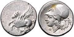 GREEK COINS GRIECHENLAND, KORINTH / Stadt Korinth, AR Stater (313-310 v.Chr.). Pegasos l. Rs.Athenakopf mit korinth. Helm l., Beiz. Artemis l.laufend mit langer Fackel. 8,55g. l.Prägeschw., ss-vz BMC 