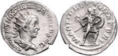 ROMAN COINS RÖMISCHES REICH, Hostilian als Caesar, 250-251, AR Antoninian, Rom. Drap. Büste mit Strahlenkrone r., C VALENS HOSTIL MES QVINTVS NC. Rs.Mars r. schreitend, hält Speer und Schild, MARTI PR