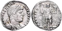 ROMAN COINS RÖMISCHES REICH, Valentinian I., 364-378, AR Siliqua, Lugdunum (Lyon). Diad. und drap. Büste r. Rs.Stehender Kaiser mit Standarte und Victoria. RESTITVTOR REIP. 2,11g. ss RIC 6b; C.18