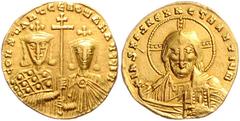 BYZANTINE COINS BYZANTINISCHES REICH, Constantin VII. und Romanos I., 920-944, AV Solidus, Konstantinopel. Büste Christi v.vorn. Rs.Büsten Constantins und Romanos mit Patriarchenkreuz. 4,05g. GOLD, l.