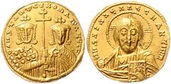 BYZANTINE COINS BYZANTINISCHES REICH, Constantin VII. und Romanos II., 945-959, AV Solidus, Konstantinopel. Büste des Christus v.vorn. Rs.Constantin VII. mit Bart l., Romanus II. r., dazwischen Patria