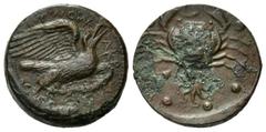 GREEK COINS ITALIEN, SIZILIEN / Stadt Akragas, AE Hemilitron (425-406 v.Chr.). Adler mit Thunfisch. Rs.Krabbe über Oktopus, darunter 6 Punkte. 20,11g.. ss+/