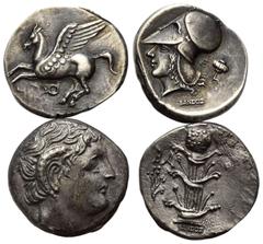 GREEK COINS GRIECHENLAND, KORINTH / Stadt Korinth, AR Stater (400-350 v.Chr.). Pegasos. Rs.Athenakopf mit korinth. Helm, Beiz. E, fin r., Mohnknospe, 'SANDOZ'. 6,54g. Moderne Nachprägung. DAZU:Weitere