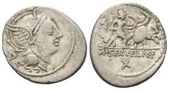 ROMAN COINS RÖMISCHE REPUBLIK, M. Servilius C.f., 100 v.Chr., AR Denar. Behelmter Romakopf r., dahinter griech. Buchstabe. Rs.Kämpfender Römer und Barbar, dahinter zwei Pferde, unten X. 3,76g. Alb.113