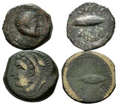 GREEK COINS SPANIEN, ULTERIOR / Stadt Cunbaria, AE Semis (ca.100 v.Chr.). Männlicher Kopf r., dahinter S. Rs.Thunfisch l. 5,89g. DAZU:Stadt Gades. AE Semis (100-20 v.Chr.). Kopf des Herakles l. Rs.Thu
