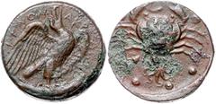 GREEK COINS ITALIEN, SIZILIEN / Stadt Akragas, AE Hemilitron (425-406 v.Chr.). Adler mit Thunfisch. Rs.Krabbe über Oktopus, darunter 6 Punkte. 20,11g. ss+/