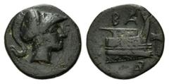 GREEK COINS GRIECHENLAND, MAKEDONIEN. Demetrios Poliorketes, 294-288 v.Chr., AE 16. Kopf des Demetrios mit korinthischem Helm r. Rs.BA über Prora, r. Doppelaxt, unten AR-Monogramm. 2,59g. ss Sear 6775