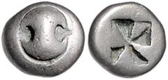 GREEK COINS GRIECHENLAND, BOEOTIEN / Stadt Thebes (Theben), AR Hemidrachme (520-500 v.Chr.). Boeotischer Schild. Rs.Quadratum incusum. 2,63g. ss Sear 1780; SNG Cop.244