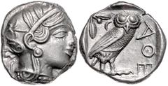 GREEK COINS GRIECHENLAND, ATTIKA / Stadt Athen, AR Tetradrachme (449-413 v.Chr.). Kopf der Athena r. Rs.Eule mit Olivenzweig und Mondsichel im quadratum incusum. 17,19g. f.vz Sear 2526; BMC 11.8.62