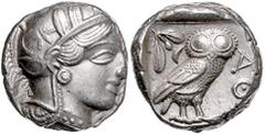 GREEK COINS GRIECHENLAND, ATTIKA / Stadt Athen, AR Tetradrachme (449-413 v.Chr.). Kopf der Athena r. Rs.Eule mit Olivenzweig und Mondsichel im quadratum incusum. 17,21g. ss-vz Sear 2526; BMC 11.8.62