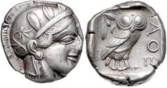 GREEK COINS GRIECHENLAND, ATTIKA / Stadt Athen, AR Tetradrachme (449-413 v.Chr.). Kopf der Athena r. Rs.Eule mit Olivenzweig und Mondsichel im quadratum incusum. 17,16g. ss-vz Sear 2526; BMC 11.8.62