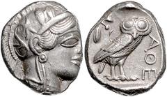 GREEK COINS GRIECHENLAND, ATTIKA / Stadt Athen, AR Tetradrachme (449-413 v.Chr.). Kopf der Athena r. Rs.Eule mit Olivenzweig und Mondsichel im quadratum incusum. 17,16g. ss/ss-vz Sear 2526; BMC 11.8.6